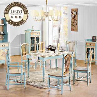 乐斯怡餐厅家具 美式复古餐桌椅组合 纯手工手绘餐桌椅 长形餐桌