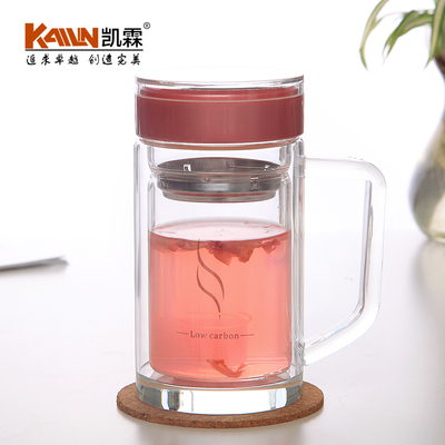 凯霖水晶办公杯 双层玻璃杯透明水杯子 耐热带盖带把过滤泡茶杯