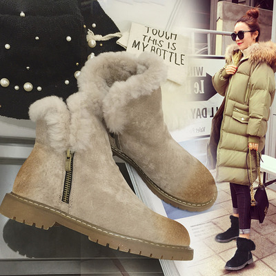 2015冬季皮毛一体雪地靴磨砂短靴女平跟英伦马丁靴侧拉链女鞋保暖