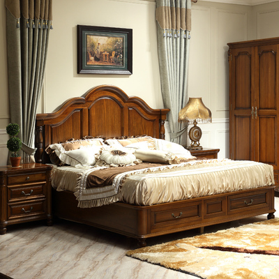 美式实木床胡桃木欧式带抽储物床现代1.8双人床榆木卧室床具特价
