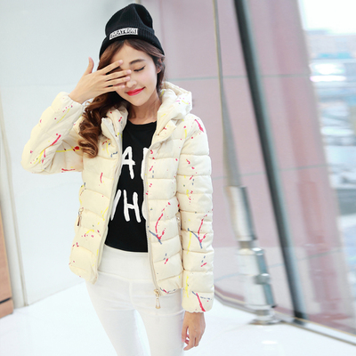 实拍2015冬季新款韩版修身时尚个性彩绘短款立领连帽羽绒棉服