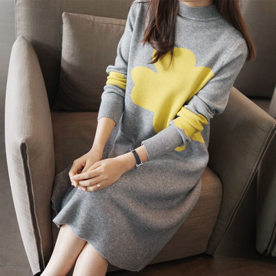 2015冬季新款女套头修身提花毛衣韩版中长款裙子针织打底连衣裙