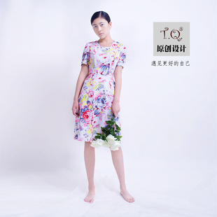 TQ原创设计师品牌2015夏装复古印花雪纺含麻收腰连衣裙裙子淑女OL