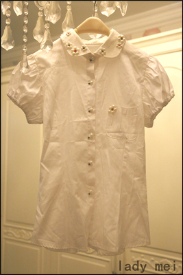 MEI  原创设计师买手新品日韩泡泡袖娃娃领手工珠钻丝棉短袖衬衫