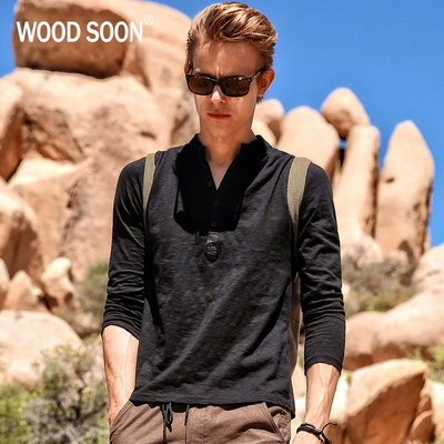 WOODSOON2016秋季新款长袖T恤男士潮流修身欧美纯色纯棉体恤上衣