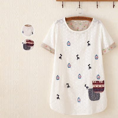 2015夏季新品森女学生t恤 日式卡通刺绣镂空大码圆领短袖女式T恤