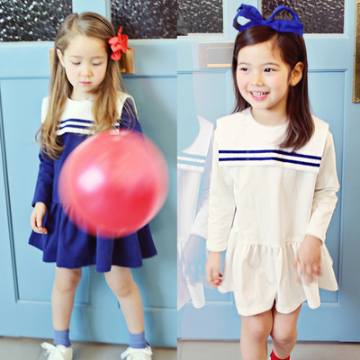 2015新款春秋韩国童装 女童韩版儿童连衣裙甜美海军风条纹公主裙
