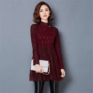 2015冬季新款韩版气质修身蕾丝长袖连衣裙女内搭加绒加厚打底裙子