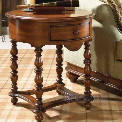 美式实木边几 椭圆沙发边几 欧式实木复古角几小桌子带抽屉