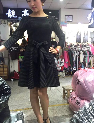 莎瓦妮卡KL019韩版大摆条纹显瘦弹力一字领腰带女人味长袖连衣裙