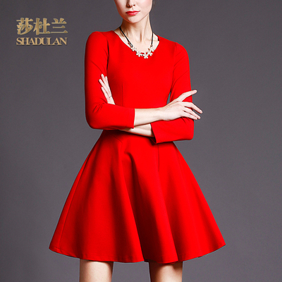 莎杜兰2016秋装新款时尚女OL风长袖个性大摆修身显瘦红色连衣裙女