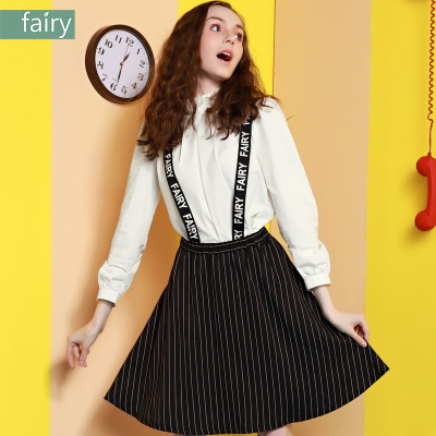 【冬新品】fairy2016秋冬新品甜美学院风条纹拼接半身裙背带裙
