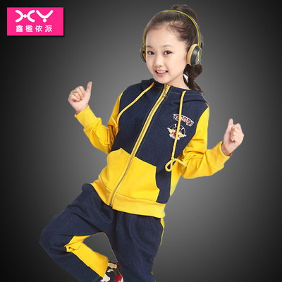 童装女童2015春秋装新款 儿童韩版休闲运动中大童牛仔长袖套装潮