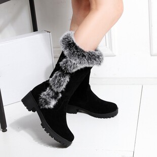 冬季靴子女靴粗跟中跟兔毛雪地靴女中筒靴加厚保暖棉鞋大码40-43