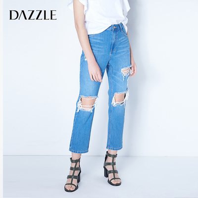 DAZZLE 地素 2017春专柜新款 纯棉水钻装饰破洞牛仔长裤 2A1R604