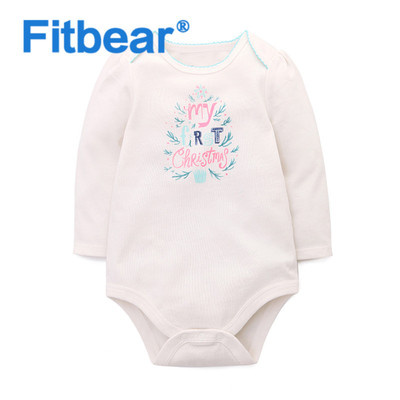 Fitbear 1件宝宝衣服婴儿连体衣包屁衣长袖三角哈衣乳白色印字母
