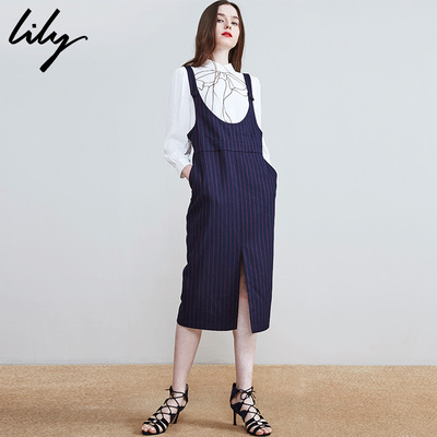 Lily2017春新款女装裙子商务休闲竖条纹图案背带裙开叉连衣裙