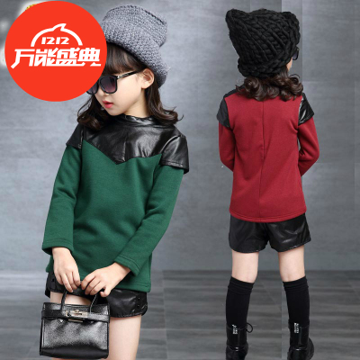 2015新款女童卫衣 韩版儿童秋装套头衫圆领拼接时尚卫衣中大童款