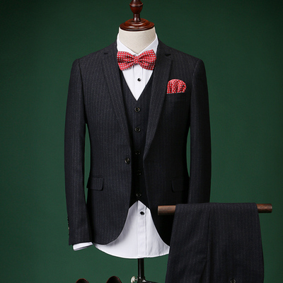韩版西服 男士三件套竖条纹垂感面料修身新郎西服套装