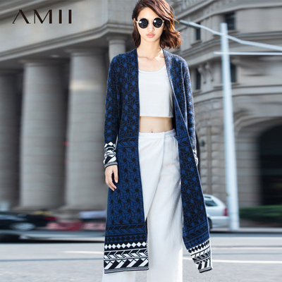 Amii冬装新款潮 民族风开衫中长款大码艾米女装修身毛衣外套