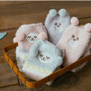 冬季加绒加厚可爱绵绵羊呆呆熊组合珊瑚绒毛巾保暖短袜