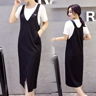 2016夏新款韩版修身显瘦t恤背带连衣裙两件套宽松大码休闲女装潮