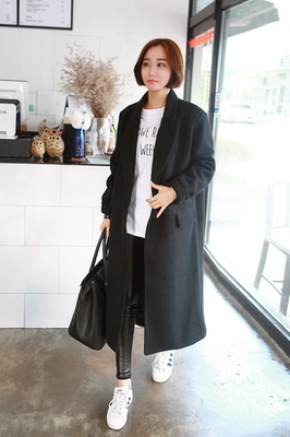 【Different`】韩国代购 2015新款羊绒毛呢黑长款百搭大衣