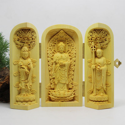 厂家直销 特色精品黄杨木雕刻婆娑三圣三开盒 汽车摆件挂件佛像