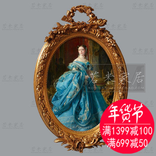 105*69美式椭圆形装饰镜金箔手绘油画法式欧奢华宫廷少女人物肖像