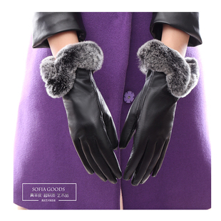 真皮兔毛手套羊皮加绒加厚时尚女式保暖手套全指分指女士手套秋冬