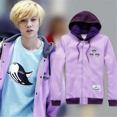 2014年新款韩版EXO鹿晗明星同款紫色棒球服男装纯棉连帽卫衣外套