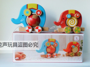 新款两头大象拖拉玩具车木制儿童益智玩具马戏团两头大象拖拉车