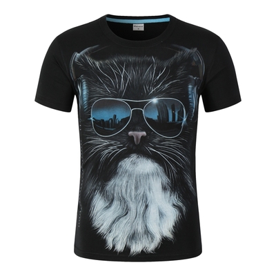 男士夏季3D棉短袖T恤宽松大码动物眼镜猫潮时尚休闲个性男装半袖