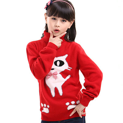 2014高端羊绒衫 女童中大童翻领小猫图案毛衣韩版套头衫全国包邮
