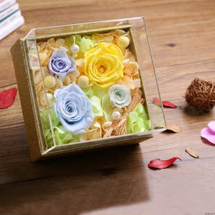新款七彩玫瑰永生花玻璃罩礼盒玫瑰巨型七色永生花保鲜花生日礼物