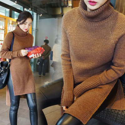 韩国代购新品韩版魅力气质咖啡色侧开衩高领中长款针织衫打底毛衣