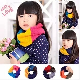 韩国流行四色儿童毛线围脖 保暖加厚男女童围巾 儿童拼色彩虹围脖