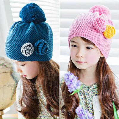 2015韩国童装 女童冬装新品花朵毛线帽小孩保暖帽儿童帽子潮