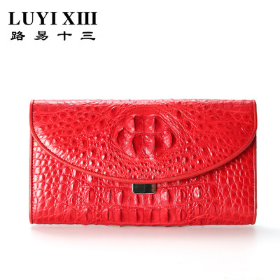 路易十三2016新款女士鳄鱼皮长款钱包夹红色3折多卡位真皮手拿包