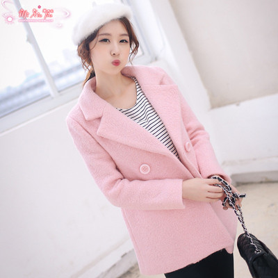 韩版秋冬新款羊毛呢大衣中长款加厚粉色修身显瘦呢子外套女装包邮