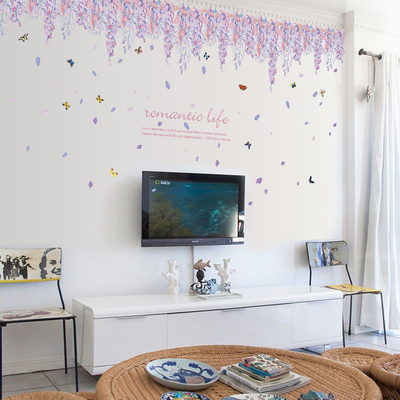 浪漫紫藤萝墙贴卧室客厅沙发背景墙顶装饰贴纸玄关腰线藤蔓贴画