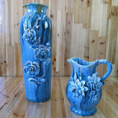 陶瓷工艺品地中海怀旧风格美式乡村深蓝色雕花超高陶瓷花瓶