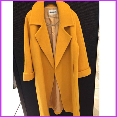 代购秋冬季新款黄色直通羊毛呢大衣中长款外套1001-400571-607062