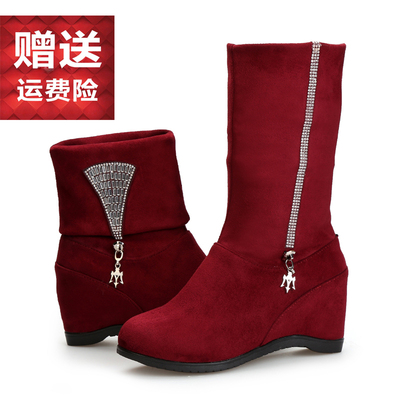 雅格燕黑色纯色橡胶跟圆头红色秋冬新款女靴弹力绒布中筒靴子内靴