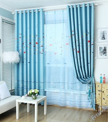 定制窗帘成品遮光布料 卧室飘窗阳台男孩儿童房卡通蓝色小鱼窗帘