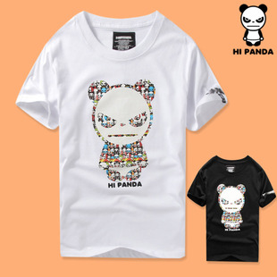 夏装卡通熊猫人hi panda印花圆领男女短袖纯棉休闲情侣装半袖T恤