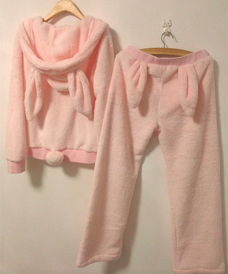 韩国代购可爱甜美纯色加厚法兰绒兔子耳朵女款保暖家居服套装睡衣