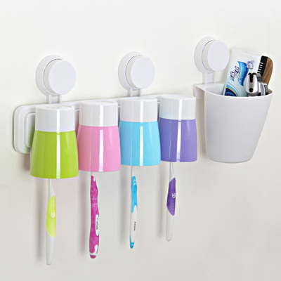 吸盘浴室置物架吸壁式牙刷架套装塑料四口之家漱口杯牙具座置物篓