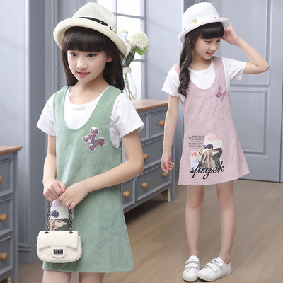 韩版童装女夏装女童裙子两件套韩版中大童短袖连衣裙背心裙