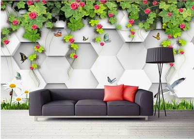 蔷薇绿色藤蔓红花3D立体壁画 定制电视沙发背景墙纸客厅卧室壁纸